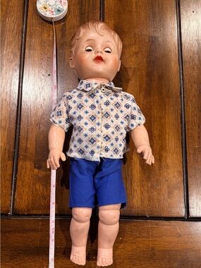 Sleepy eyed Blue-White Vintage Style Kids Doll w/ Patterned Shirt